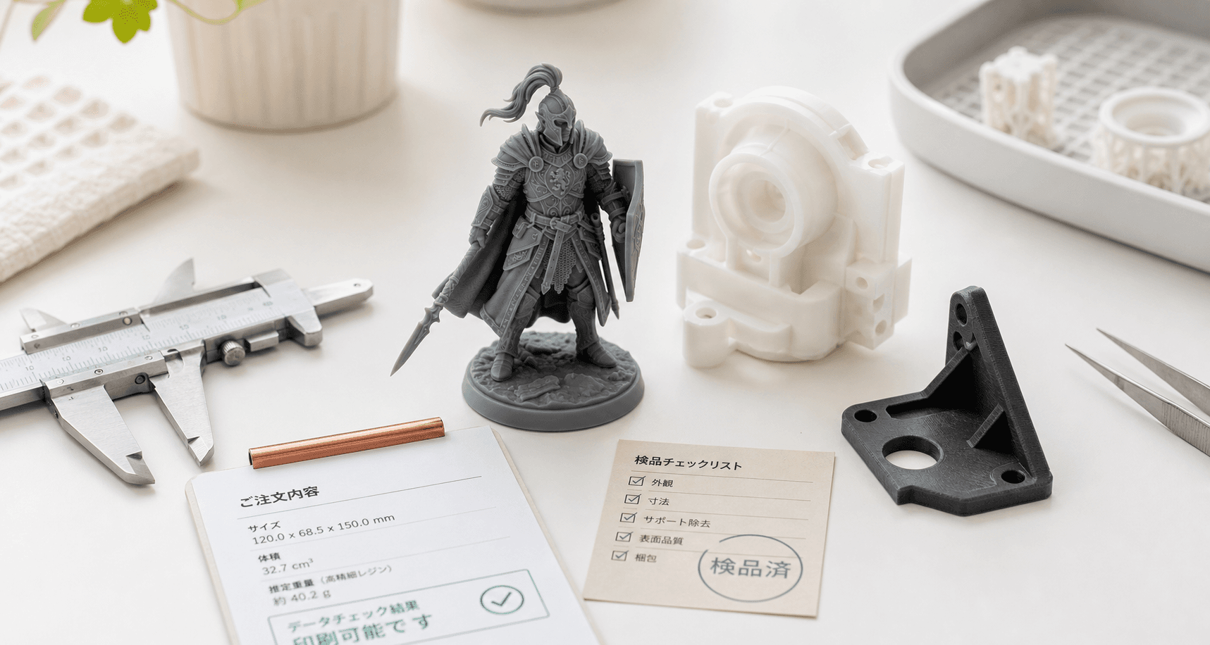 検品済みの3Dプリント作例と検査道具